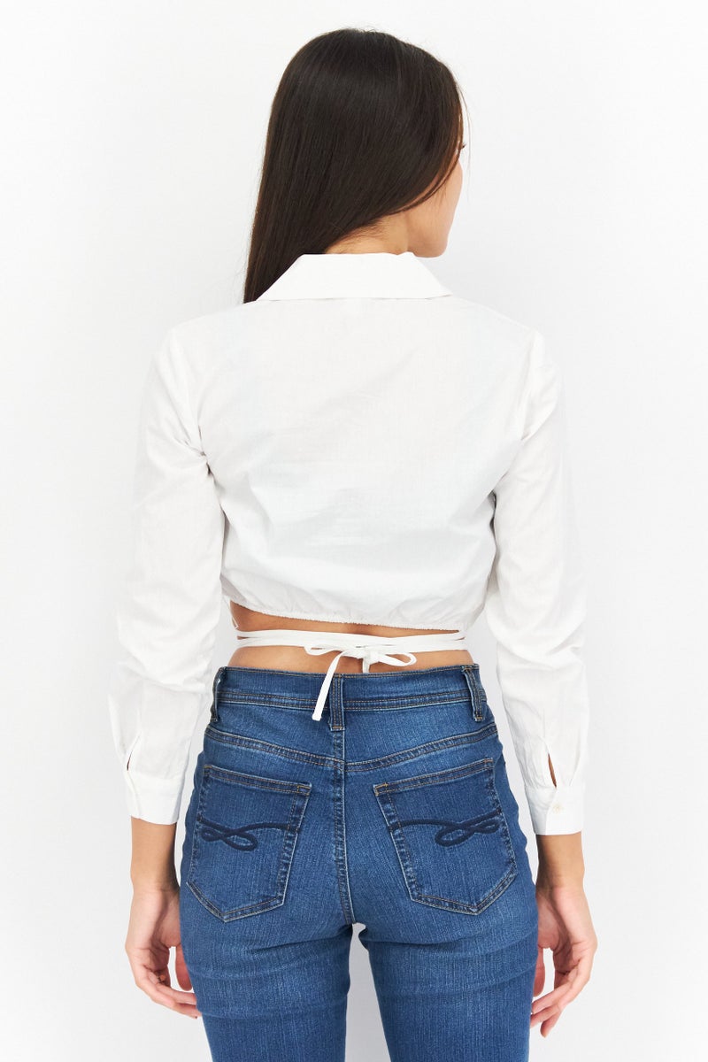 Riley & Rae Women Spread Collar Solid Long Sleeve Cropped Shirt, White - Image 4